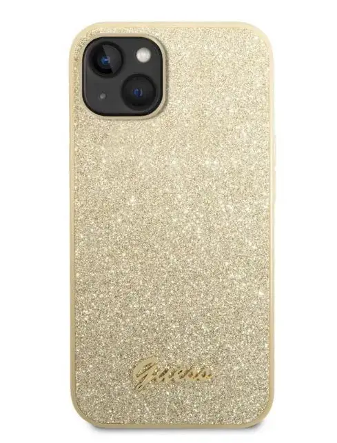 Husa Protectie Spate Guess Glitter Flakes Script Metal Logo pentru Apple iPhone 14 (Auriu)