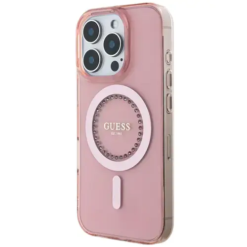 Husa Protectie Spate Guess Rhinestones Ring MagSafe pentru Apple iPhone 16 Pro Max (Roz)