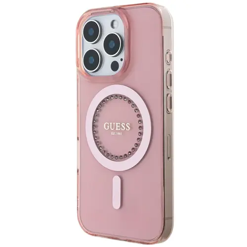 Husa Protectie Spate Guess Rhinestones Ring MagSafe pentru Apple iPhone 16 Pro Max (Roz)