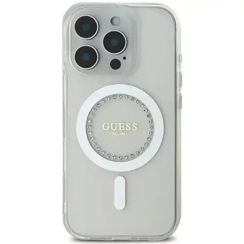 Husa Protectie Spate Guess Rhinestones Ring MagSafe pentru Apple iPhone 16 Pro (Alb)