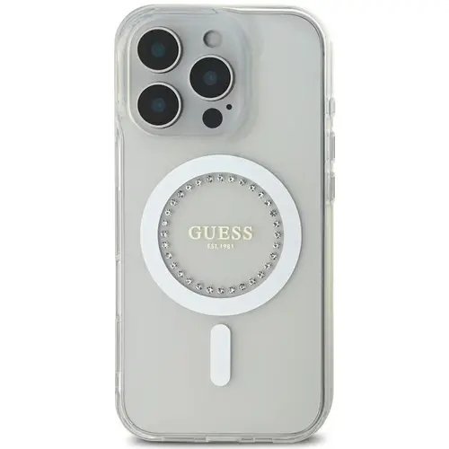 Husa Protectie Spate Guess Rhinestones Ring MagSafe pentru Apple iPhone 16 Pro (Alb)
