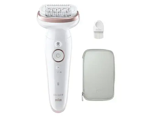 Epilator Braun Silk-epil 9 9-000 Wet & Dry, MicroGrip, Smart Light, 2 viteze, 40 pensete, Geanta de voiaj (Alb/Roz)