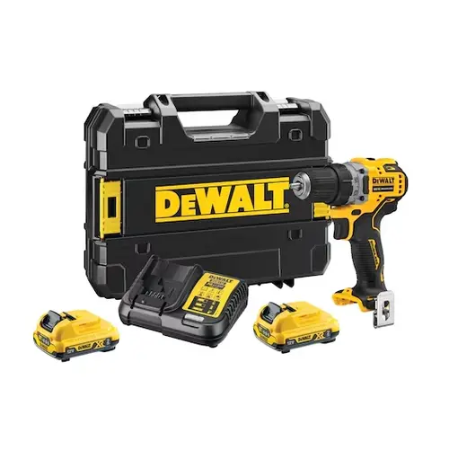 Masina de gaurit si insurubat DeWalt DCD701D2-QW, 2 acumulatori Li-Ion, 12 V, 2.0 Ah, 1500 rpm, 57 Nm incarcator, valiza (Galben/Negru)