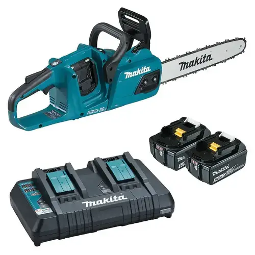 Drujba (fierastrau electric) cu lant pe acumulator Makita DUC355PT2, 2 X 18 V, lungime lama 35 cm, viteza lant 20 m/s, pas lant 3/8, canelura lant 1.1 mm, contine 2 acumulatori 18V 5Ah + incarcator