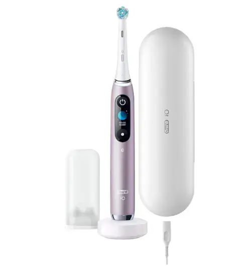 Periuta de dinti electrica Oral-B iO9, Tehnologie Magnetica, Micro-Vibratii, Inteligenta artificiala, Display led, Senzor de presiune Smart, Timer, 7 moduri, 1 capat, Suport rezerve, Incarcator magnetic, Trusa de calatorie cu incarcator (Roz)