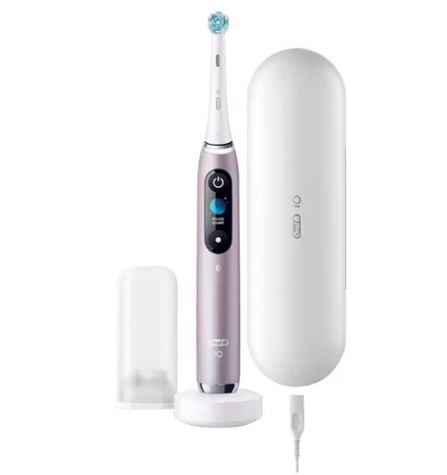 Periuta de dinti electrica Oral-B iO9, Tehnologie Magnetica, Micro-Vibratii, Inteligenta artificiala, Display led, Senzor de presiune Smart, Timer, 7 moduri, 1 capat, Suport rezerve, Incarcator magnetic, Trusa de calatorie cu incarcator (Roz)