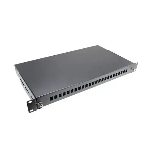 Patch panel FO cu sina glisanta 24 porturi LC duplex / SC simplex, 1U, caseta sudura 24, tub termo, accesorii prindere, neechipat, negru - EMTEX