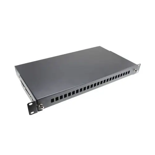 Patch panel FO cu sina glisanta 48 porturi LC quad / SC duplex, 2U, caseta sudura 24, tub termo, accesorii prindere, neechipat, negru - Emtex