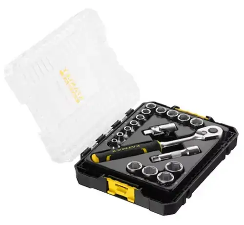 Set tubulare 18 piese STANLEY FATMAX FMMT98102-0, 3/8 inch, compatibil PRO-STACK pentru solutii mobile, capac transparent pentru identificare rapida, clichet bimaterial 120 dinti cu pas de 3 grade pentru spatii inguste