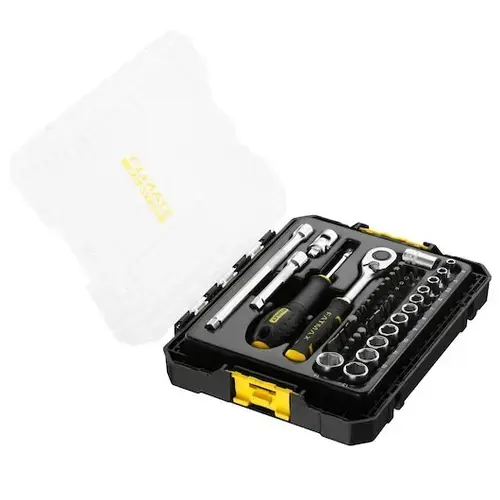 Set tubulare 48 piese STANLEY FATMAX FMMT98101-0, 1/4 inch M PRO-STACK, conectivitate PRO-STACK pentru solutii mobile, capac transparent pentru identificare rapida, clichet bi-material 120 dinti pentru precizie in spatii inguste