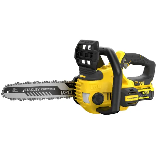 Drujba (fierastrau electric) cu lant pe acumulator Stanley FatMax SFMCCS630M1, 18V V20, lungime lama 30 cm, viteza lant 7.7 m/s, lubrifiere ulei automata, sistem de siguranta, include: acumulator 18V 4.0 Ah + incarcator