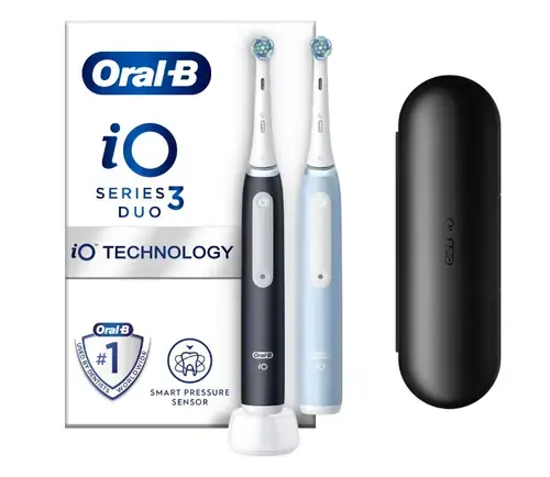 Set 2 x Periuta de dinti electrica Oral-B iO3, Duo Edition, 3 moduri periaj, Senzor presiune smart, 2 capete incluse (Negru/Albastru)