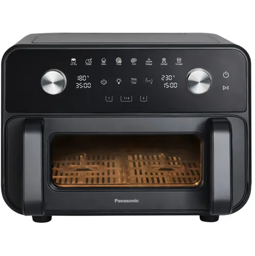 Friteuza cu aer cald Flex Air Panasonic NF-BC1000KXE, 9.6l, 2450 W, 2 zone independente, gatire cu abur, Rezervor pentru abur 200 ml, Fereastra supraveghere (Negru)