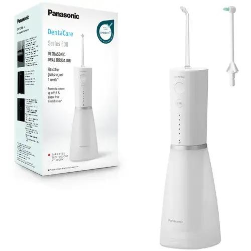 Irigator bucal Panasonic Ultrasonic EW-DJ86-W503, 5 trepte de presiune, incarcare rapida 1h, portabil, Duze Ortodontica si Ultrasonica incluse, Capacitate rezervor 200 ml (Alb)