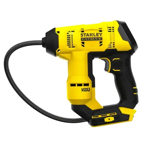 Compresor aer tip pistol pe acumulator Stanley FatMax SFMCE521B, 18V V20, presiune maxima 10.34 bar / 150 PSI, furtun flexibil lung 55 cm, display LCD afisare presiune, accesorii, maner cauciucat confortabil, nu include incarcator/acumulator