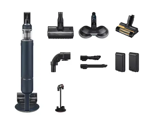 Aspirator vertical fara fir Samsung Bespoke Jet Plus Pro Extra VS20B95973B, 210W, Autonomie 120 min, statie de curatare All-in-One, afisaj LCD, perie Pet Tool+, mop rotativ cu pulverizator, filtru HEPA (Albastru)