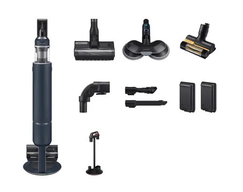 Aspirator vertical fara fir Samsung Bespoke Jet Plus Pro Extra VS20B95973B, 210W, Autonomie 120 min, statie de curatare All-in-One, afisaj LCD, perie Pet Tool+, mop rotativ cu pulverizator, filtru HEPA (Albastru)