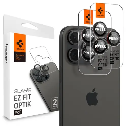 Folie de protectie Camera spate Spigen EZ FIT pentru Apple iPhone 16 Pro Max / 16 Pro / 15 Pro Max / 15 Pro / 14 Pro Max, Sticla Securizata, Set 2 bucati, Neagra