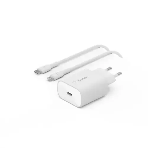 Incarcator retea Belkin BoostCharge WCA004vf1MWH-B5, 25W, USB-C cu cablu Lightning, 1m (Alb)