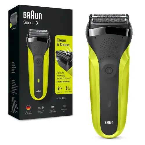 Aparat de ras Braun Series 3 300s, Wet&Dry, 3-Flex Blades, Maner ergonomic, Autonomie 30 min (Negru/Verde)
