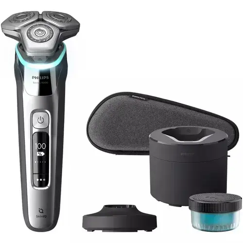 Aparat de ras Philips Shaver Seria 9000 S9975/55, Umed şi uscat, Tehnologie SkinIQ, Capete flexibile 360°, Lame autoascutire, Personalizare prin aplicatie, Senzor Power Adapt, 60 min, Toc de transport (Argintiu/Crom)