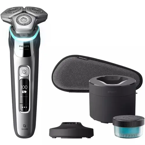 Aparat de ras Philips Shaver Seria 9000 S9975/55, Umed şi uscat, Tehnologie SkinIQ, Capete flexibile 360°, Lame autoascutire, Personalizare prin aplicatie, Senzor Power Adapt, 60 min, Toc de transport (Argintiu/Crom)