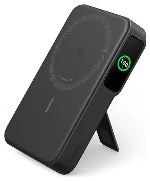 Acumulator extern magnetic wireless Anker MagGo, Qi2, 10.000 mAh, 15W, USB-C, Suport Pliabil, Smart Display, pentru iPhone 15/14/13/12 (Negru)