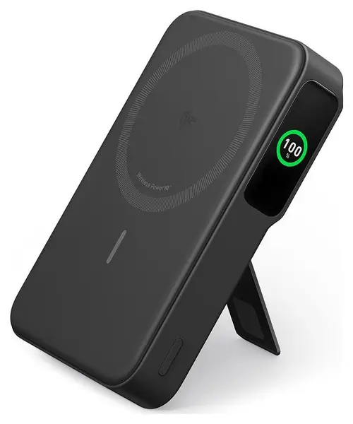 Acumulator extern magnetic wireless Anker MagGo, Qi2, 10.000 mAh, 15W, USB-C, Suport Pliabil, Smart Display, pentru iPhone 15/14/13/12 (Negru)
