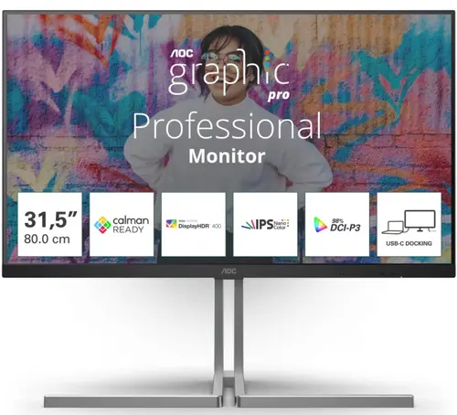 Monitor Nano IPS LED AOC 31.5inch U32U3CV, UHD (3840 x 2160), HDMI, DisplayPort, Boxe, Pivot, 60 Hz, 4 ms (Negru/Argintiu)