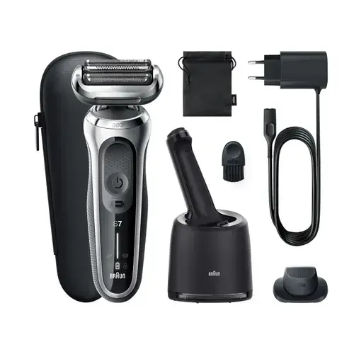Aparat de ras electric Braun Series 7 71-S7200cc Wet&Dry, 4 elemente de taiere, SensoFlex, AutoSense, Statie de incarcare si curatare Smart Care, Trusa de voiaj (Argintiu)