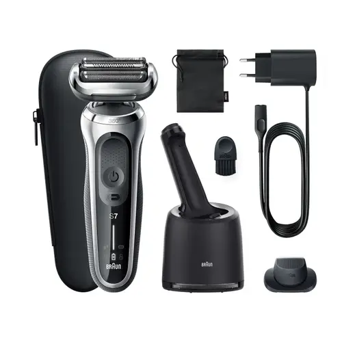 Aparat de ras electric Braun Series 7 71-S7200cc Wet&Dry, 4 elemente de taiere, SensoFlex, AutoSense, Statie de incarcare si curatare Smart Care, Trusa de voiaj (Argintiu)