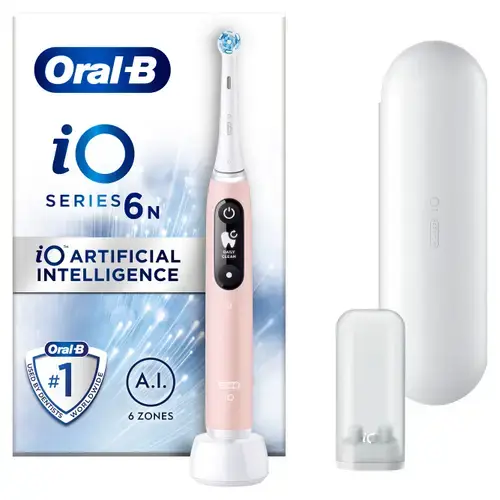 Periuta de dinti electrica Oral-B iO6N cu Tehnologie Magnetica si Micro-Vibratii, Inteligenta artificiala, Display led interactiv, Senzor de presiune Smart, Timer vizibil, 5 moduri, 1 capat, Trusa de calatorie (Roz)