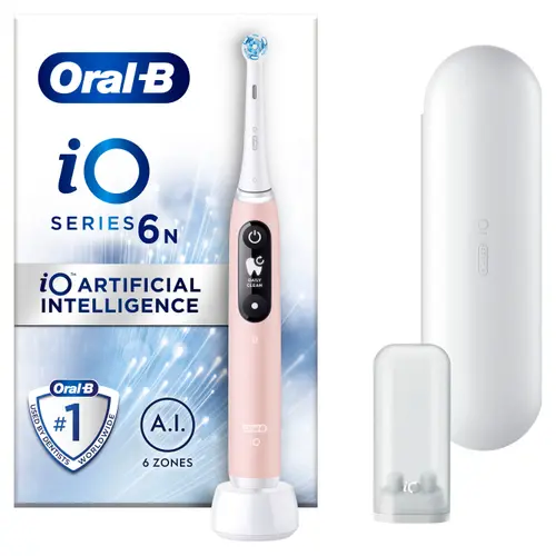 Periuta de dinti electrica Oral-B iO6N cu Tehnologie Magnetica si Micro-Vibratii, Inteligenta artificiala, Display led interactiv, Senzor de presiune Smart, Timer vizibil, 5 moduri, 1 capat, Trusa de calatorie (Roz)