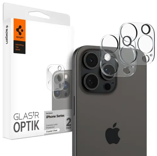 Folie de protectie Camera spate Spigen Optik pentru Apple iPhone 15 Pro Max / 15 Pro / 14 Pro Max, Sticla Securizata, Full Glue, Set 2 bucati, Transparenta