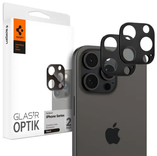 Folie de protectie Camera spate Spigen Optik pentru Apple iPhone 15 Pro Max / 15 Pro / 14 Pro Max, Sticla Securizata, Full Glue, Set 2 bucati, Neagra