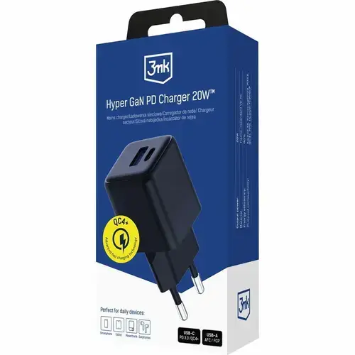Incarcator Retea 3mk Hyper GaN Charger QC4+ PD PPS, 1x USB-A, 1x USB-C, 20W (Negru)