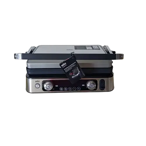 Gratar electric Braun MultiGrill 9 Pro CG9160, 2200 W, 3 moduri de gatire, 2 zone de gatit, 3 programe automate, sonda termica, 1 set placi detasabile, deschidere 180°, functie Sear, tava scurgere detasabila (Argintiu)