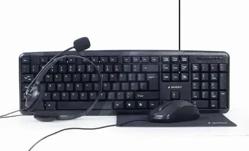 Kit office Gembird KBS-UO4-01 4-in-1, Layout US, Mouse 1000 DPI, Casti cu microfon, Mouse Pad (Negru)