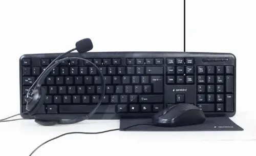 Kit office Gembird KBS-UO4-01 4-in-1, Layout US, Mouse 1000 DPI, Casti cu microfon, Mouse Pad (Negru)