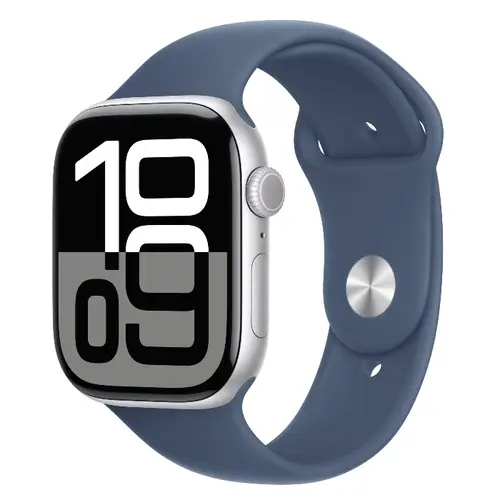 Smartwatch Apple Watch 10 GPS, Carcasa Silver Aluminium 46mm, ecran LTPO OLED, 64GB, curea silicon Denim Sport Band M/L (Argintiu/Albastru)