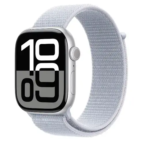 Smartwatch Apple Watch 10 GPS, Carcasa Silver Aluminium 46mm, ecran LTPO OLED, 64GB, curea Blue Cloud Sport Loop (Argintiu/Albastru)