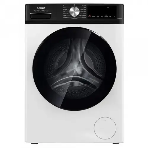 Masina de spalat rufe Samus WSDMI-80142, 8 kg, Motor inverter, 16 programe, 1400 rotatii, Clasa energetica A, Program special M-Smart, Adaugare de rufe in timpul spalarii, Blocare acces copii (Alb/Negru)