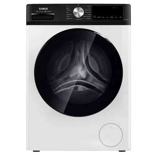 Masina de spalat rufe Samus WSDMI-80142, 8 kg, Motor inverter, 16 programe, 1400 rotatii, Clasa energetica A, Program special M-Smart, Adaugare de rufe in timpul spalarii, Blocare acces copii (Alb/Negru)