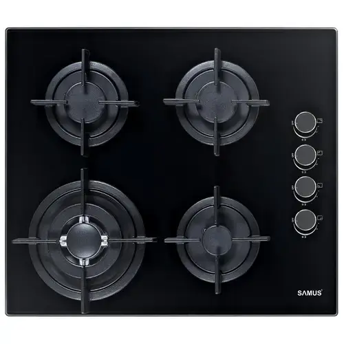 Plita Incorporabila Samus PSG-64SG6, 4 arzatoare, Latime 58 cm, Gratare din fonta individuale, Aprindere electrica (Sticla neagra)