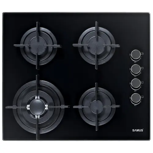 Plita Incorporabila Samus PSG-64SG6, 4 arzatoare, Latime 58 cm, Gratare din fonta individuale, Aprindere electrica (Sticla neagra)