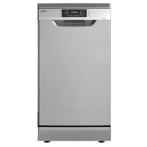 Masina de spalat vase Samus SDX410.8, 10 seturi, Latime 45 cm, 8 Programe, Clasa energetica E, Afisaj electronic, Pornire intarziata (Inox/Argintiu)