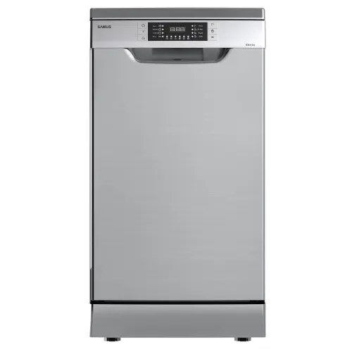 Masina de spalat vase Samus SDX410.8, 10 seturi, Latime 45 cm, 8 Programe, Clasa energetica E, Afisaj electronic, Pornire intarziata (Inox/Argintiu)