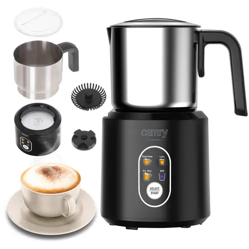 Cana de spumare lapte Camry CR 4498, 500 W, 0.35 l lapte, 0.25 l spuma, Inox (Negru/Argintiu)