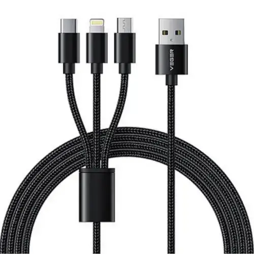 Cablu de date Veger V303, impletit, USB -  Lightning/Type-C/micro USB, 1.5m, Negru