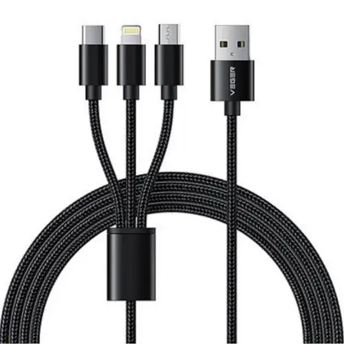 Cablu de date Veger V303, impletit, USB -  Lightning/Type-C/micro USB, 1.5m, Negru